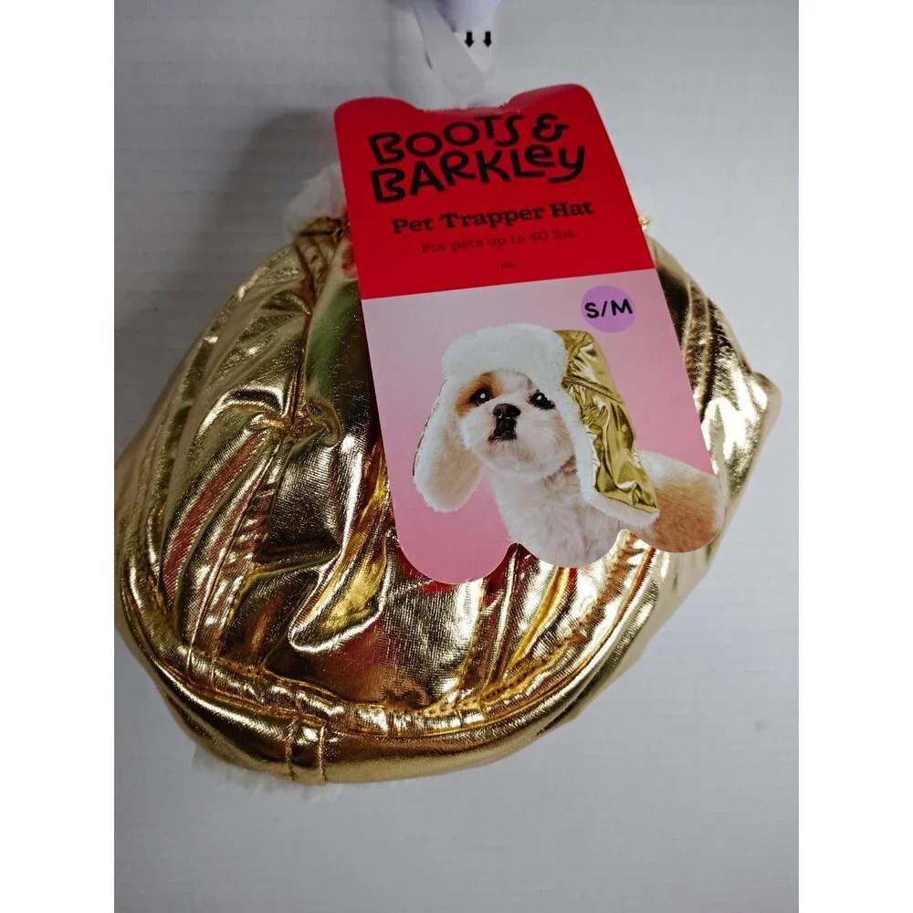 Boots & Barkley Pet Trapper Hat Dog Hat S/M Faux Fur Gold/White Warm